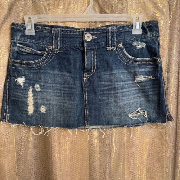 Aeropostale Vintage Y2K 2000s Distressed Denim Mini Skirt Size 11/12 - Picture 1 of 11